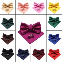 Bow Ties Solid Colour Fine Grid Polyester Bowtie Handkerchief Cufflinks Set Men Fashion Butterfly Party Wedding Bowties Novelty Daily Wear