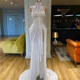 Party Dresses Sexy Sparkle Sequined Mermaid Prom Dresses Crystal Beaded High Neck Side Split Long White Evening Dress Party Gowns 220923