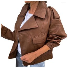 Women's Jackets Women's Autumn Winter Women Comfortable Casual Solid Colour Lapel Long Sleeve Leather Jacket Fashion Streetwear Coat