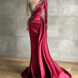 Party Dresses Luxurious Arabic Aso Ebi Burgundy Mermaid Evening Dresses Beaded Crystals Sheer Neck Prom Formal Party Reception Gowns 220923