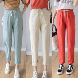 Women's Pants Women Pencil Casual Harajuku Ankle Length Trousers Summer Autumn Plus Size Solid Elastic Waist Cotton Linen Black