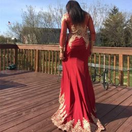 Party Dresses Long Red Mermaid Prom Dresses Gold Lace Applique Full Sleeve Celebrity Party Gown Luxury Beading vestidos de gala 220923