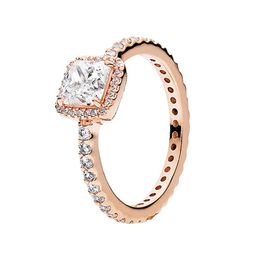 Rose Gold Square Sparkle Halo Rings Real Sterling Silver Women Wedding Gift Designer Jewellery with Original Box for Pandora CZ diamond engagement Ring Set