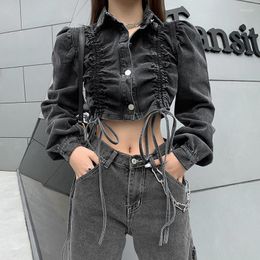 Women's Jackets Casaul Women Jacket Coat Jeans Drawstring Active Street Pleated Denim With Button Solid Color Streetwear Clothes For