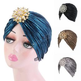 Premium Glitter Rhinestone Pleated Beanies Hat Elegant Muslim Womens Party Cap Headwear Fashion African Ladies Bandanas Headgear