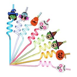 8Pcs Halloween Drinking Straw Reusable Crazy Loop Twisted Straws Cartoon Pumpkin/Skull/Spider Decor Party Drinkware Supplies