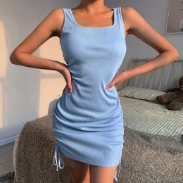 Casual Dresses Bodycon Mini Ruched Dress Women Elegant O-Neck Knitted Drstring Sleeveless Sexy Party dresses WL73 Y2209