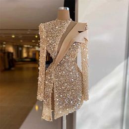 Party Dresses Sparkle Crystal Sequins Short Prom Dress Chic Long Seeves Cut Out Women Formal Suit Party Dresses Beaded Luxury Event Gown 220923