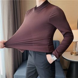 Plus Size 4XL-M Autumn New Korean Half High Neck Striped T-shirt Men Long Sleeve Slim Fit Stretch Pullover Casual Undercoat Tee