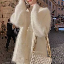 Women's Sweaters Elegant Women Mink Cashmere Cardigan Coat Chic Autumn Winter Pearl Button V Neck Knitted Mohair Soft Loose Sweater Jacket Coat T220925