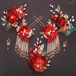 Headpieces GH0303A Bride Xiuhe Headdress Classic Red Liquid Flower Set Antique Style Tassel Hair Accessories