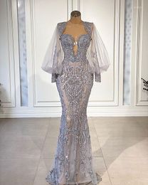 Party Dresses Silver Lace Applique Mermaid Evening Illusion Long Sleeve Sweetheart Arabic Aso Ebi Prom Reception Engagement GownParty