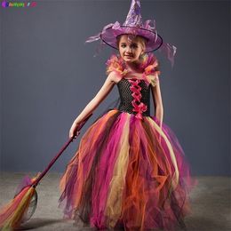 Special Occasions Evil Witch Halloween Costume for Girls Colour Magic Gown Tutu Dress with Hat and Broom Kids Cosplay Carnival Party Fancy Dresses 220922