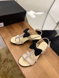 Women s Heels Sandals Slippers Calfskin Strass Black Outdoor Casual Vintage Sandal Top Luxury Fashion Ladies Beach Flat f