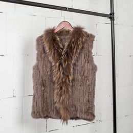 Women s Fur Faux VT7008 Womens Natural Real Rabbit Vest With Raccoon Collar Waistcoat jackets Knitted Winter 220926