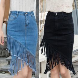 2022 Women's Tassel stretch denim skirt - Elastic Skinny Jean with Sweet Knee-Length Hip in Blue and Black Fashion