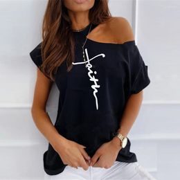 Women's Blouses Summer Casual Tee Shirt Oversized T Women Clothes Short Sleeve Off-shoulder Top Letter Print Shirts Elegant Office Lady