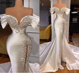 Luxury Pearls Crystal Mermaid Wedding Dresses With Long Sleeves Off Shoulder Vintage Satin Bridal Gowns Arabic Aso Ebi Sexy Split Second Reception Dress CL1173