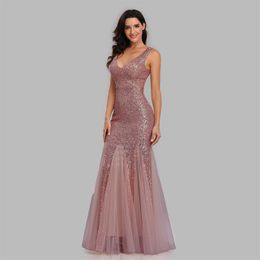 Plus Size V Neck Mermaid Evening Dress Long Formal Prom Party Gown Sequins Sleeveless Robe Sexy Evening Dresses Womens Clothes Clothing