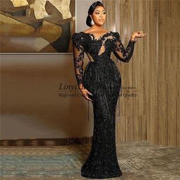 Party Dresses Shinny Mermaid Prom Dress Appliques Sequin And Beading Black Long Sleeves Evening Party Gown Luxury Plus Size Robe De Soriee 220923