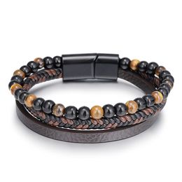 Leather Stone Tiger Eye Strand Bracelet Bangle Cuff Wristband Braided Multilayer Wrap Men Bracelets Hip Hop Fashion Jewelry Gift