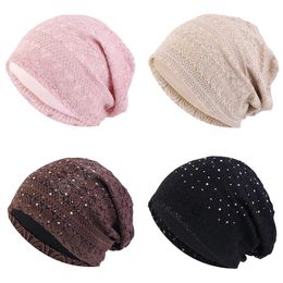 Womens Lace Hollow Grid Double Layer Beanies Simple Muslim Elastic Band Hats Fashion Femme Hair Loss Chemo Skull Cap Headgear