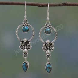 Women's Inlaid Turquoise Dangle Earrings Ethnic Thailand Vintage Silver Colour Earrings Boho Indian Jewellery