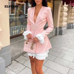 Casual Dresses Lady Fashion Design Fake Two Ruffle Dress Spring Sexy V-Neck Long Sleeve A-Line Vestidos Autumn Women Casual Solid Party Dresses Y2209