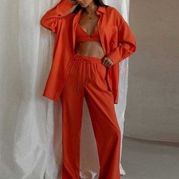 Women's Blouses Shirts Cotton Shirt Long Pants Set Female Singlebreasted Lapels Long Sleeve Shirt Suit High Waist Lace Up Slit Wide Leg Pants Set 220923