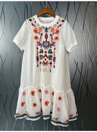 Party Dresses High Quality Linen Dress 2022 Summer Clothes Ladies Exquisite Embroidery Short Sleeve Straight Casual White Dark Blue
