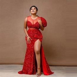 Party Dresses African Red Sequined Mermaid Prom Dresses Aso Ebi Style Plus Size Side Split Evening Gowns Sheer Neck Formal Party Dress 220923