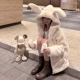 Women's Fur Spring Fluffy Jacket With Ears Raglan Sleeve Zipper Oversize Light Soft Harajuku Kawaii Faux Hoodie 2022