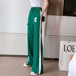 Frauenhose Capris Seiten gestreifter Buchstaben Stickerei Schnürung Baggy Wide Leg Women Casual Jogging Sweet Pants weibliche klassische Straße Hose 220922