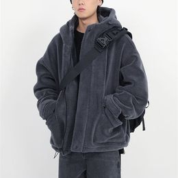 Men's Fur Faux Mauroicardi Winter Thick Warm Oversized Dark Grey Sherpa Jacket Men with Hood Zip Up Fluffy Loose Casual Lamb Coat 220924