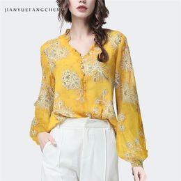 Women's Blouses Shirts Fashion Yellow Floral Ladies Chiffon Blouse Women Spring Summer Tops Beaded Long Sleeve V-Neck Female Casual Office 220923