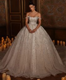 Gorgeous Beading Wedding Dresses Bridal Gowns Beads Crystals Ball Gown Arabic Dubai Off The Shoulder Vestido de Noiva Plus Size