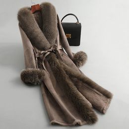 Women s Fur Faux women s leather jacket genuine rabbit fur and skin coat long with real collar trim coats lady 220926