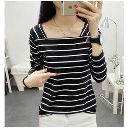 Women's T Shirts Women's T-Shirt Straight Neck Stripe Long Sleeve Women 2022 Spring Summer Slim Bottomed Shirt Blusa Feminina Camiseta