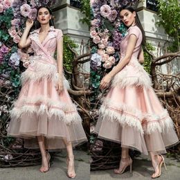 Party Dresses Pink Feather Prom Dresses V Neck 3D Flower Appliqued Beaded Celebrity Party Gowns Tea Length Costume Formal Evening Dress 220923