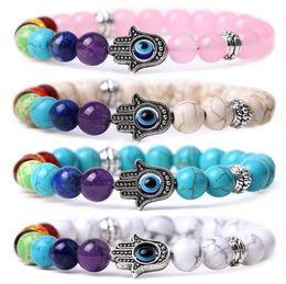 Natural Chakra Stones Beaded Strands Fatima Evil Eye Charm Bracelets Black Lava Tiger Eyes Turquoise Amethyst Agate Quartz Beads Bracelet Jewellery Gifts for Women