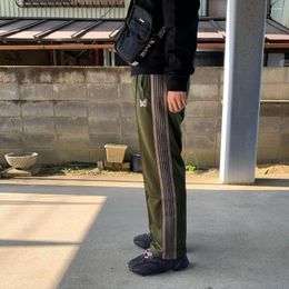 Men's Pants Army Green Needles Sweatpants Men Women Butterfly Embroidery Ribbon AWGE High Street Outerwear Sports Track