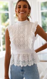 Women's Blouses Backless Lace Embroidery White Women BlouseTops Ruffled Hollow Out Peplum Tops Summer Style Streetwear Ladies Blusas Cloth