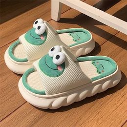 Slippers Cartoon Cute Frog Linen Slippers For Women Thick Bottom Home Shoes Cotton Linen Couple Indoor Slippers Funny Male Home Slides 220926