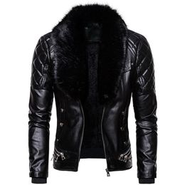 Men's Leather Faux Design Motorcycle Bomber Add Wool Jacket Men Autumn Turn Down Fur Collar Removable Slim Fit Male Warm Pu Coats 220924