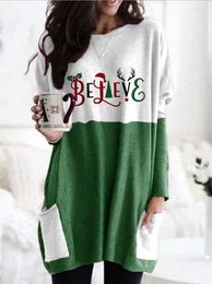 Women's T Shirts Women's T-Shirt Christmas Sweatshirt Color Blocking Long Sleeve Round Neck Thigh Tops With Pockets Women Clothing