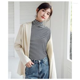 Women's T Shirts Women's T-Shirt Long Sleeve Black White Grey Striped Turtleneck Tee Classic Fashion Elastic Slim Shirt Basic Outer