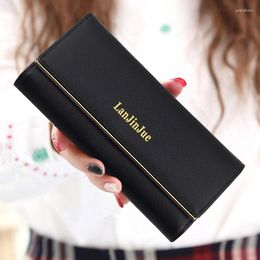 Wallets Long Large Capacity Wallet Women Vintage Solid Color Pu Leather Tri-Fold Card Coin Purse Female Organizer Handbags