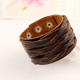 Braid Leather Bangle Cuff Multilayer Wrap Button Adjustable Bracelet Wristand for men women Fashion jewelry Black