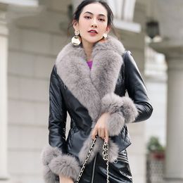 Women s Fur Faux fashion women genuine sheepskin leather jacket with big fur collar autumn winter lady female outwear coat 3XL 220926