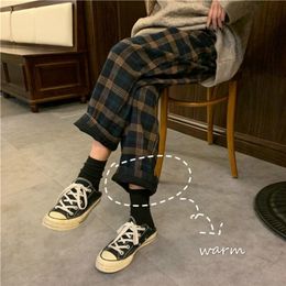 Women's Pants Capris Fashion Autumn Winter Fleece Plaid Women Thick Trousers Loose Straight Casual High Waist Wide Leg Woman 220922